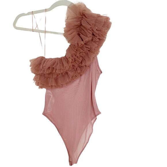 Zara Beige Pink One Shoulder Ruffled Tulle Bodysuit Bloggers Fave Small - Picture 2 of 11